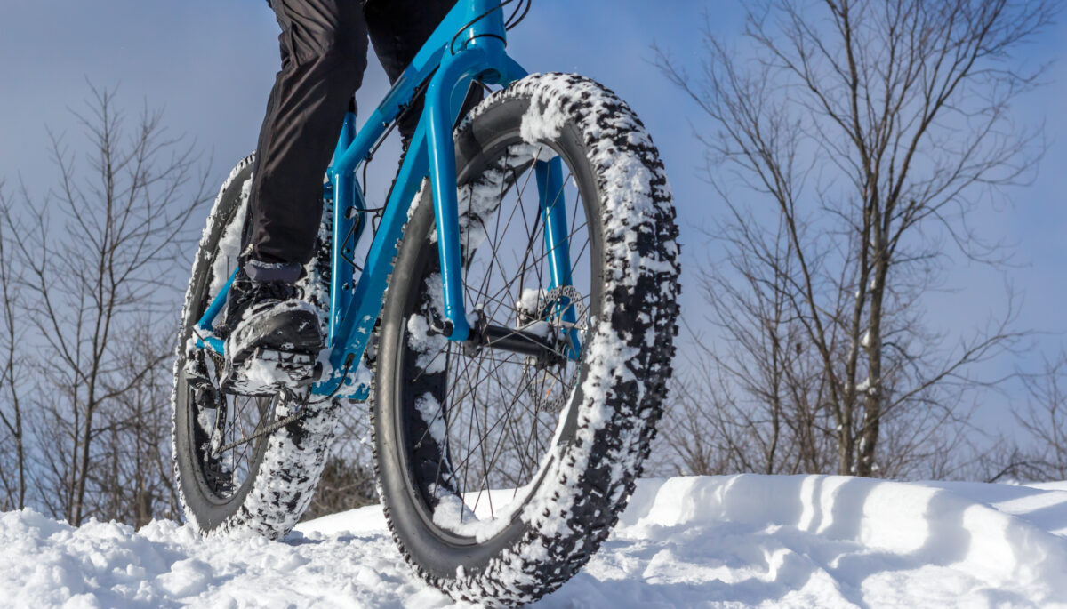 A from below shot of someone on a fat bike on a winter trail