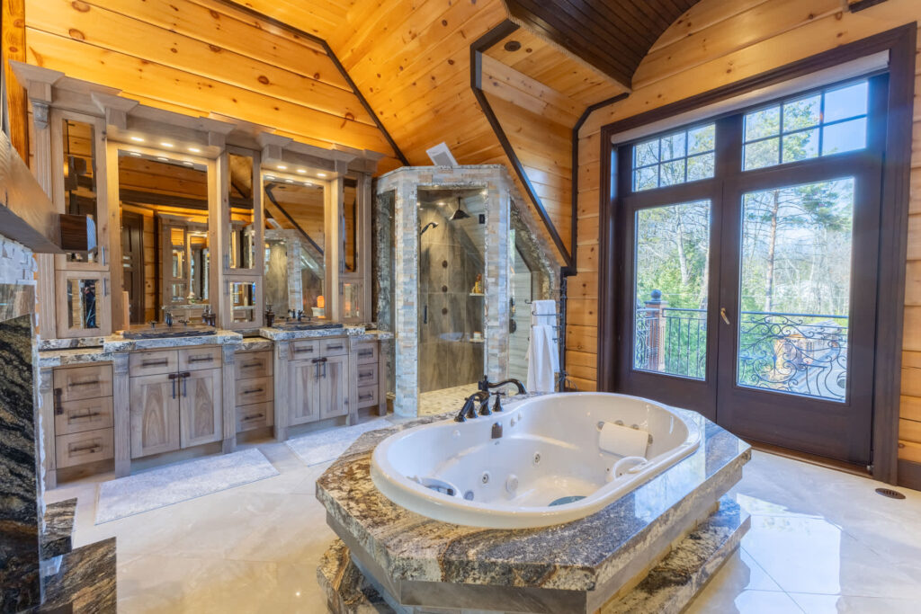 A huge built-in soaker tub faces large windows