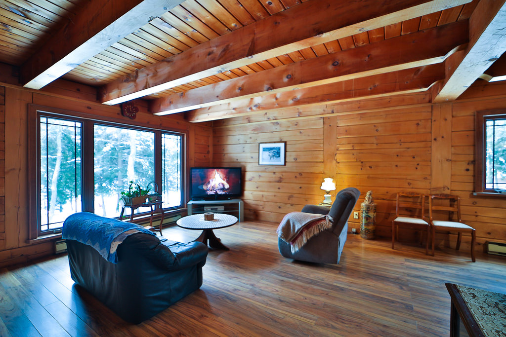 A wood-paneled room with a couch facing a TV