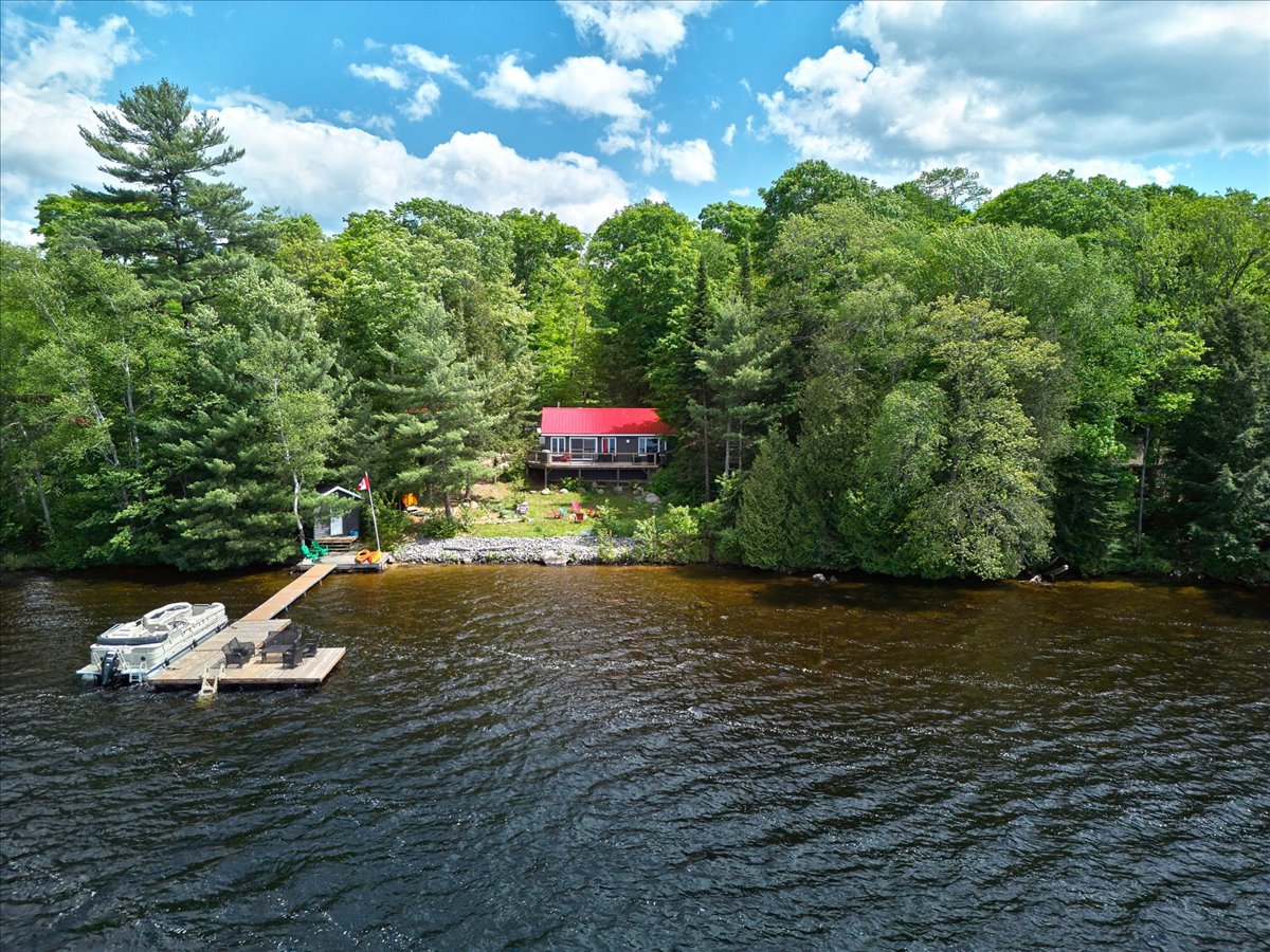A grey cottage with a red roof nestled among trees.