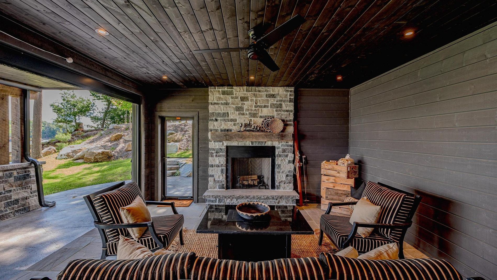 Basement patio with fireplace
