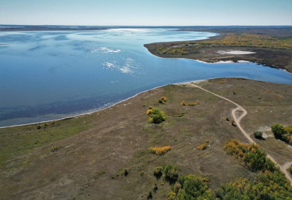 Aerial view of Little Lake Manitou in Saskatchewan, Canada