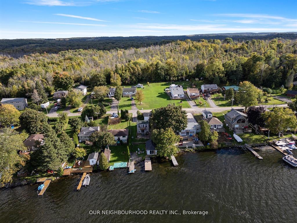 Aerial view of waterfront cottages