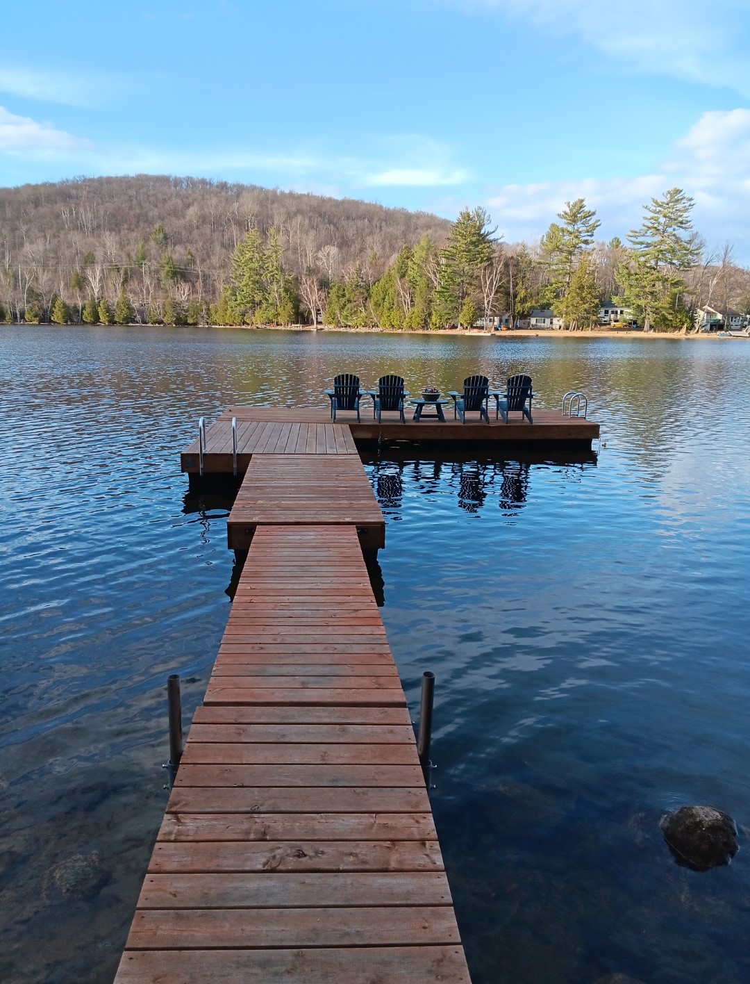 A long wood dock in a blue lake