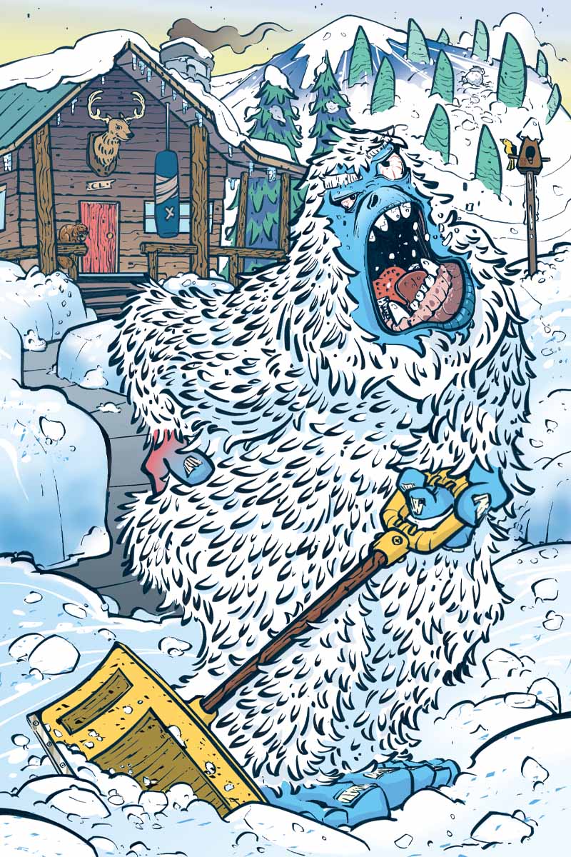 an illustration of a yeti shovelling snow