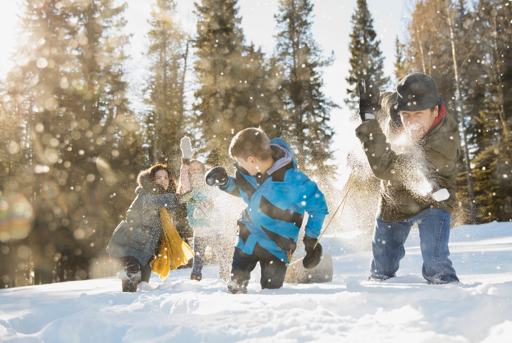 Family having snowball fight outdoors