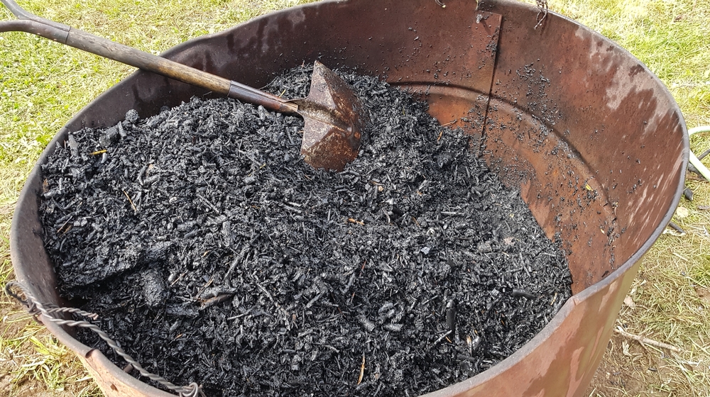 biochar in a can with a shovel. charcoal for use as fertilizer in the vegetable garden