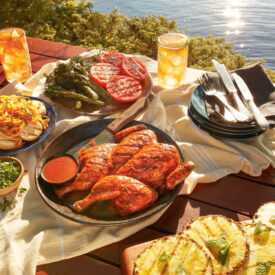 A Portuguese churrasco plated on an outdoor table
