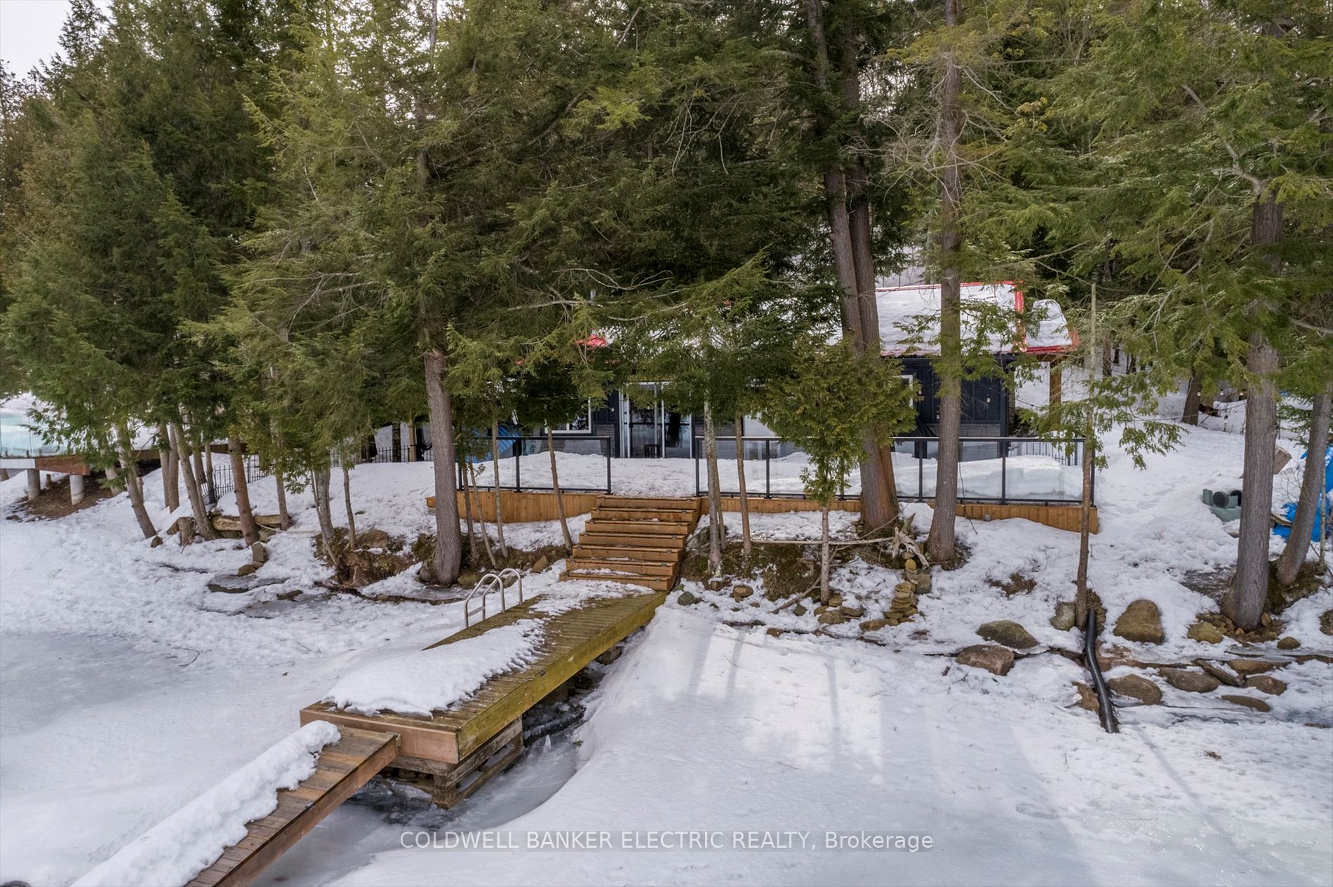 Perspective from the lake toward the dock and cottage