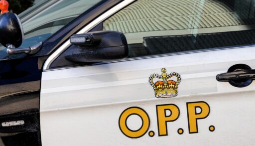 loseup of the gold door logo of an Ontario Provincial Police . OPP, cruiser in downtown Toronto