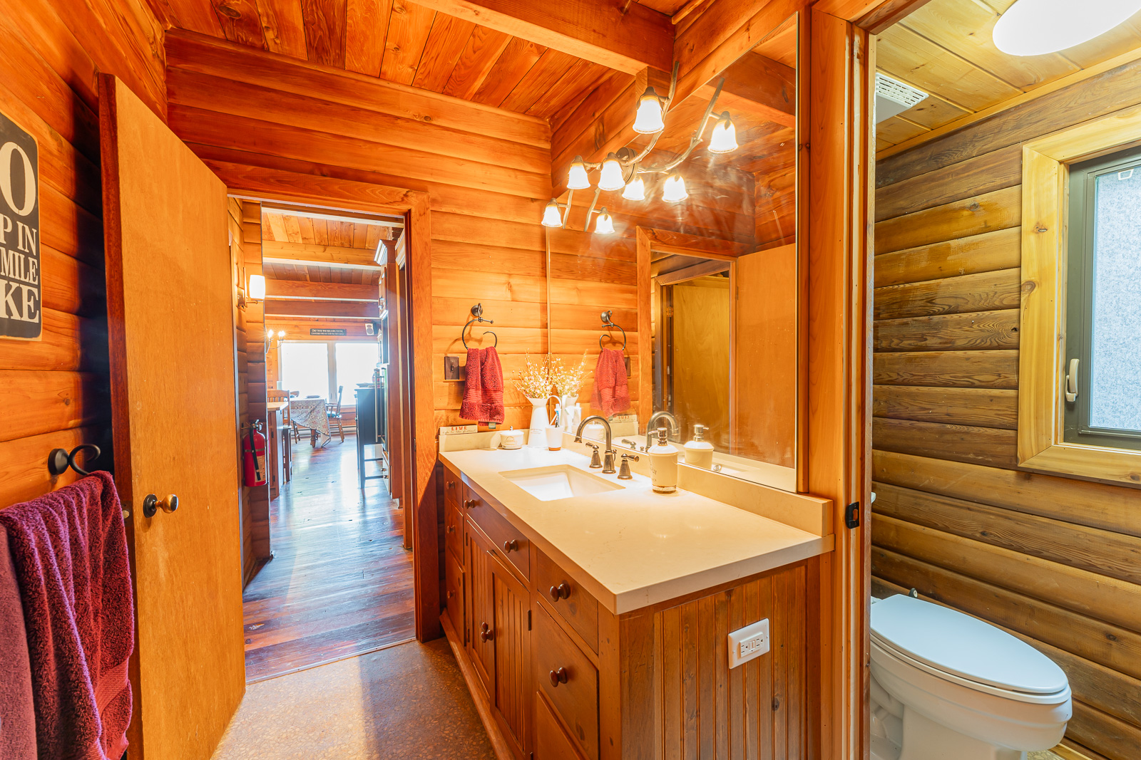 A wood bathroom vanity