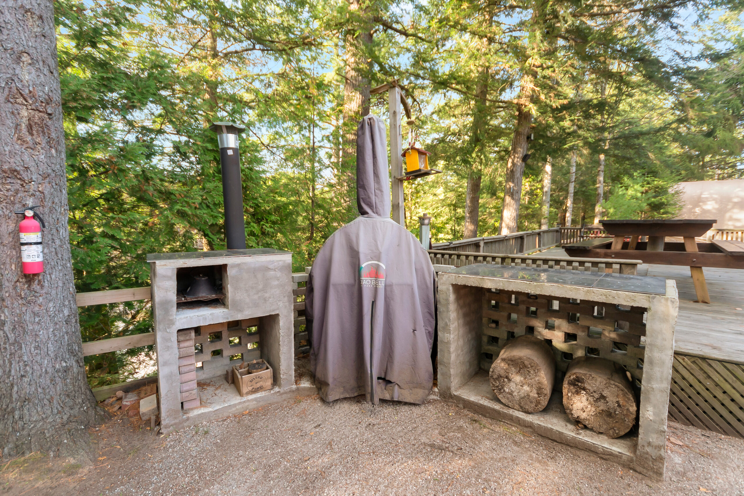 A fire pit next to a covered barbecue in a forested area
