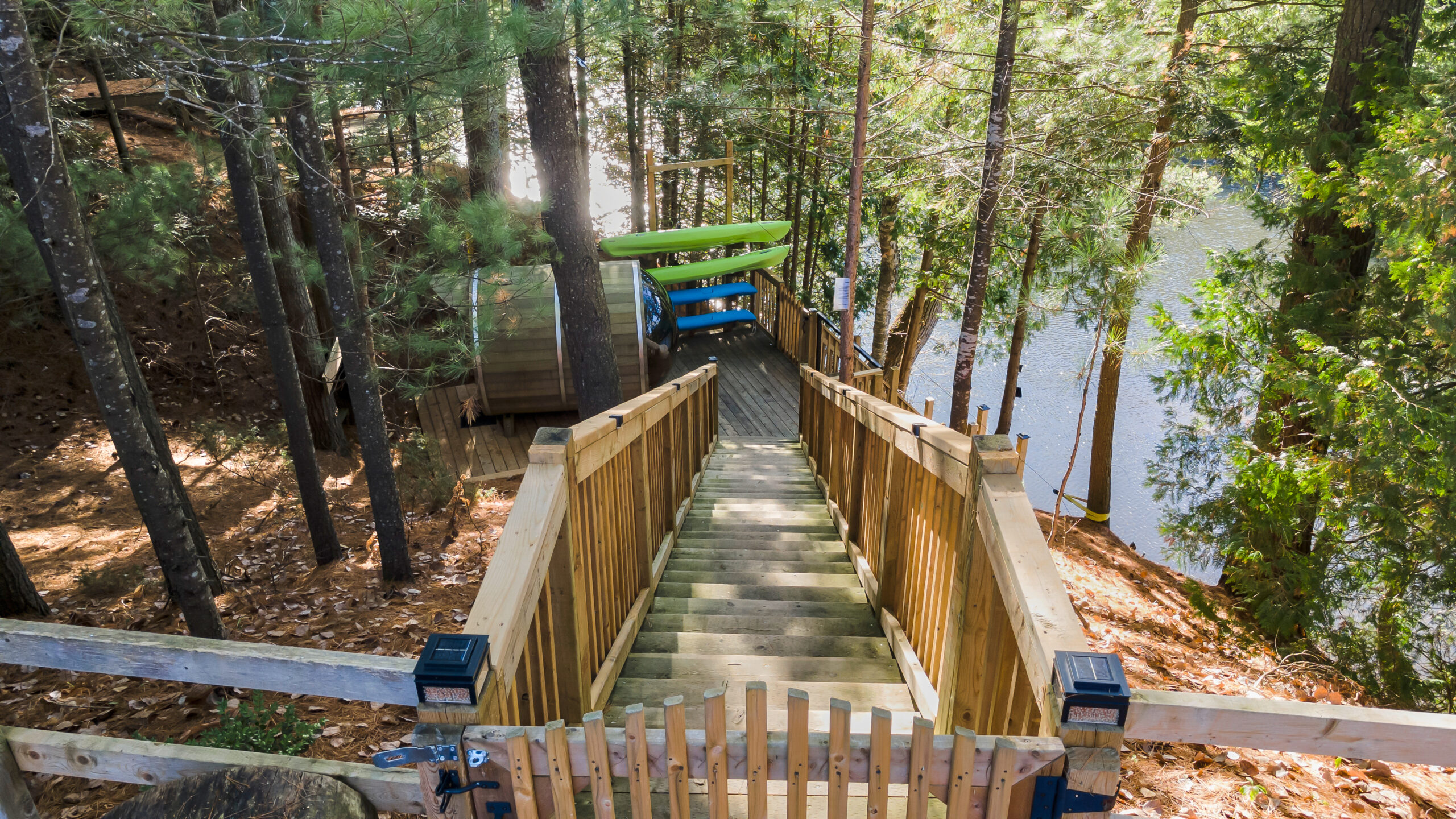 Wood steps in a forest leading down to the lake