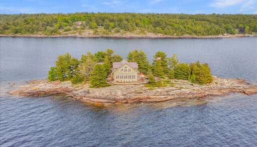 Aerial photo showing the full island surrounded by Georgian Bay