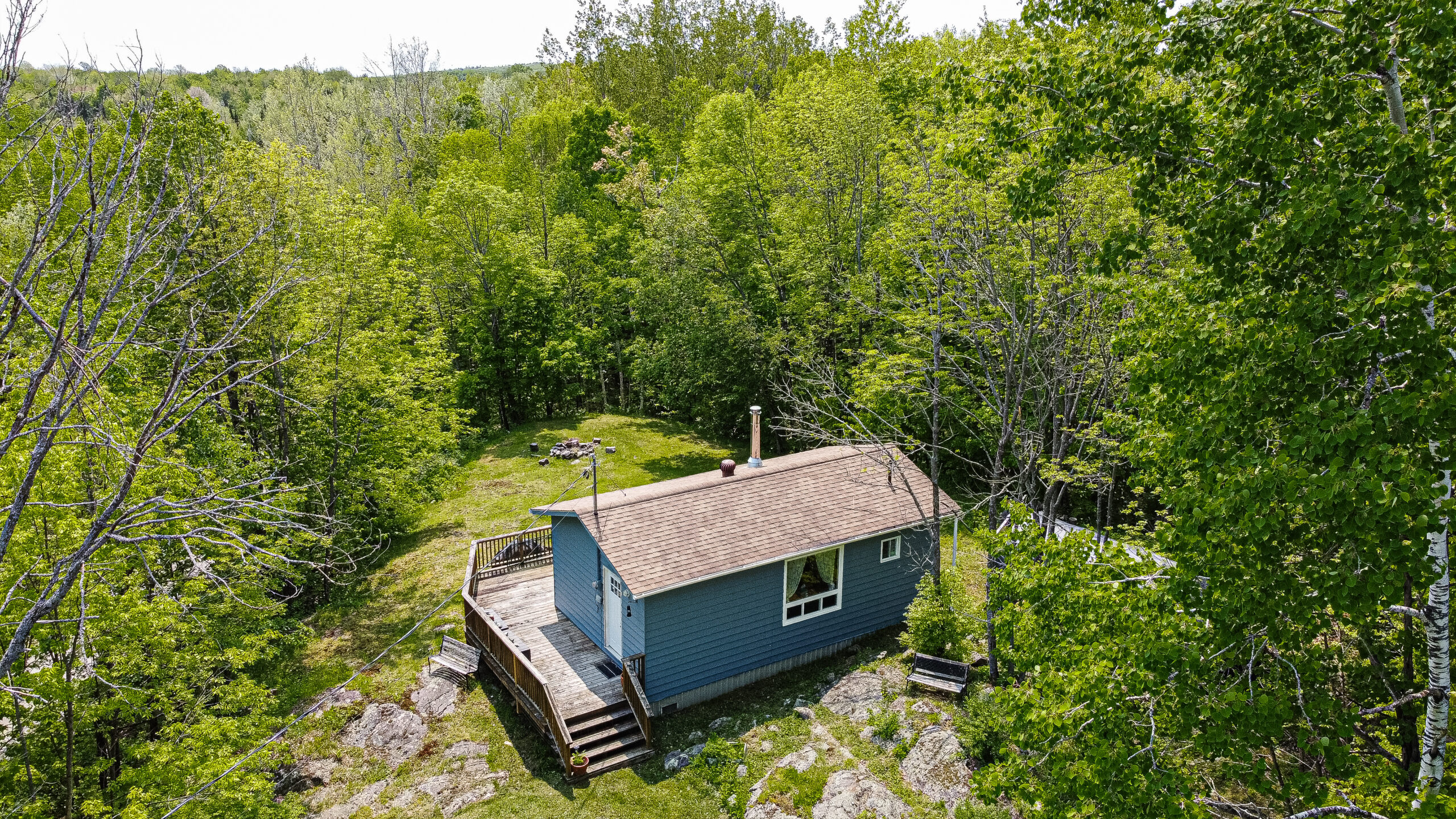Aerial view of a small blue cottage in a forested area