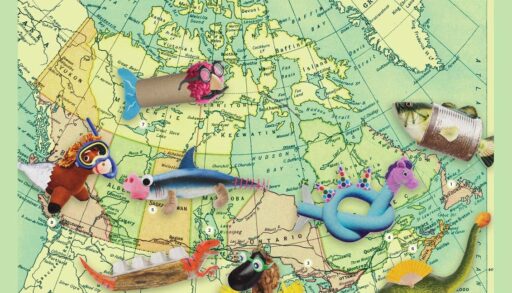 An artistic map of lake legends in Canada with creative depictions of the monsters adorning the map.