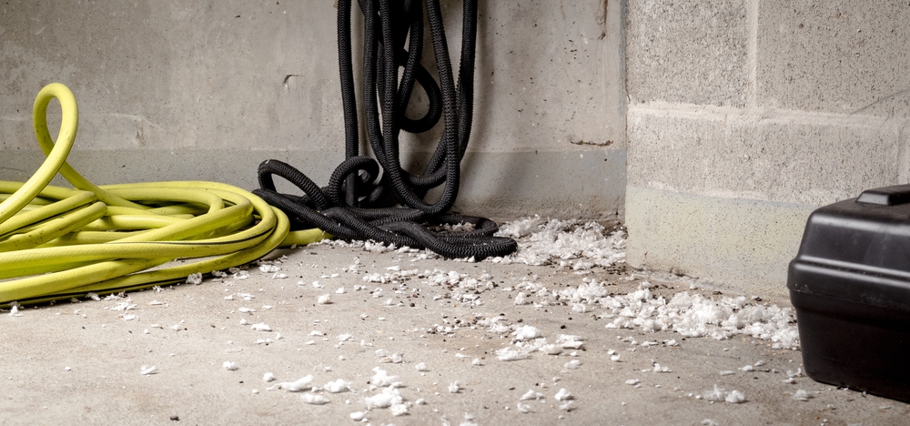 Loose insulation surrounded by rodent droppings