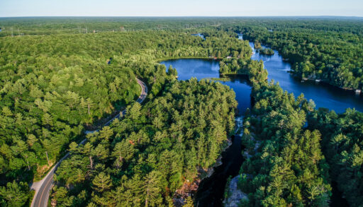 Aerial view of winding highway road and fresh water lake surrounded by coniferous forests going to horizon, sunny summer day. Northern Ontario, Canada. Shot from the air with drone. remote connectivity