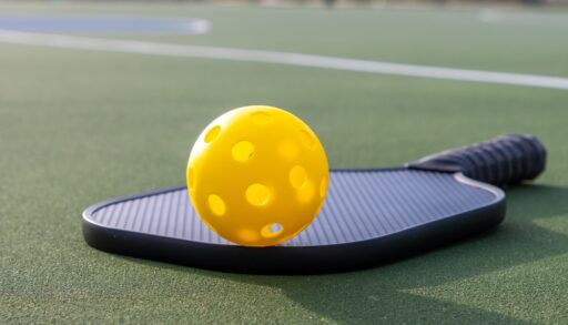 Yellow plastic pickleball ball and a black paddle on an outdoor playing court.