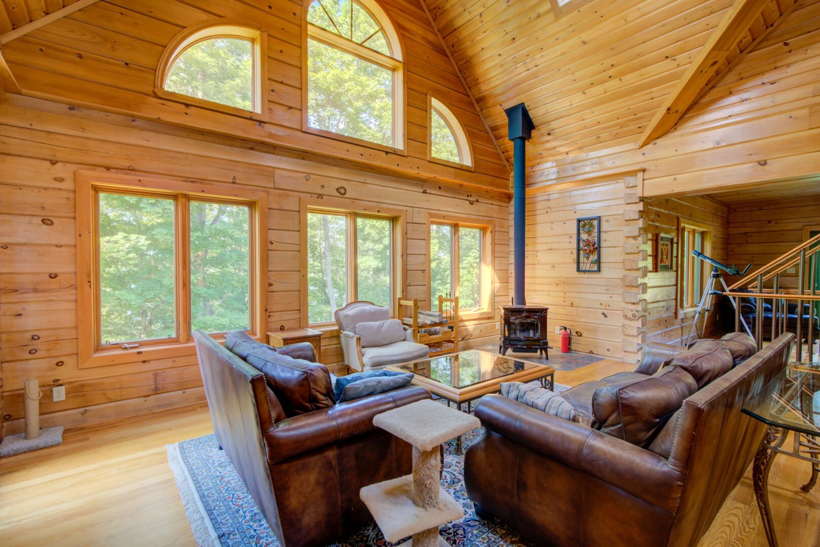 Brown leather couches face a wood stove and huge cathedral windows