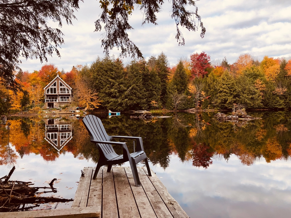 Dock by a calm lake surrounded by trees during autumn/fall