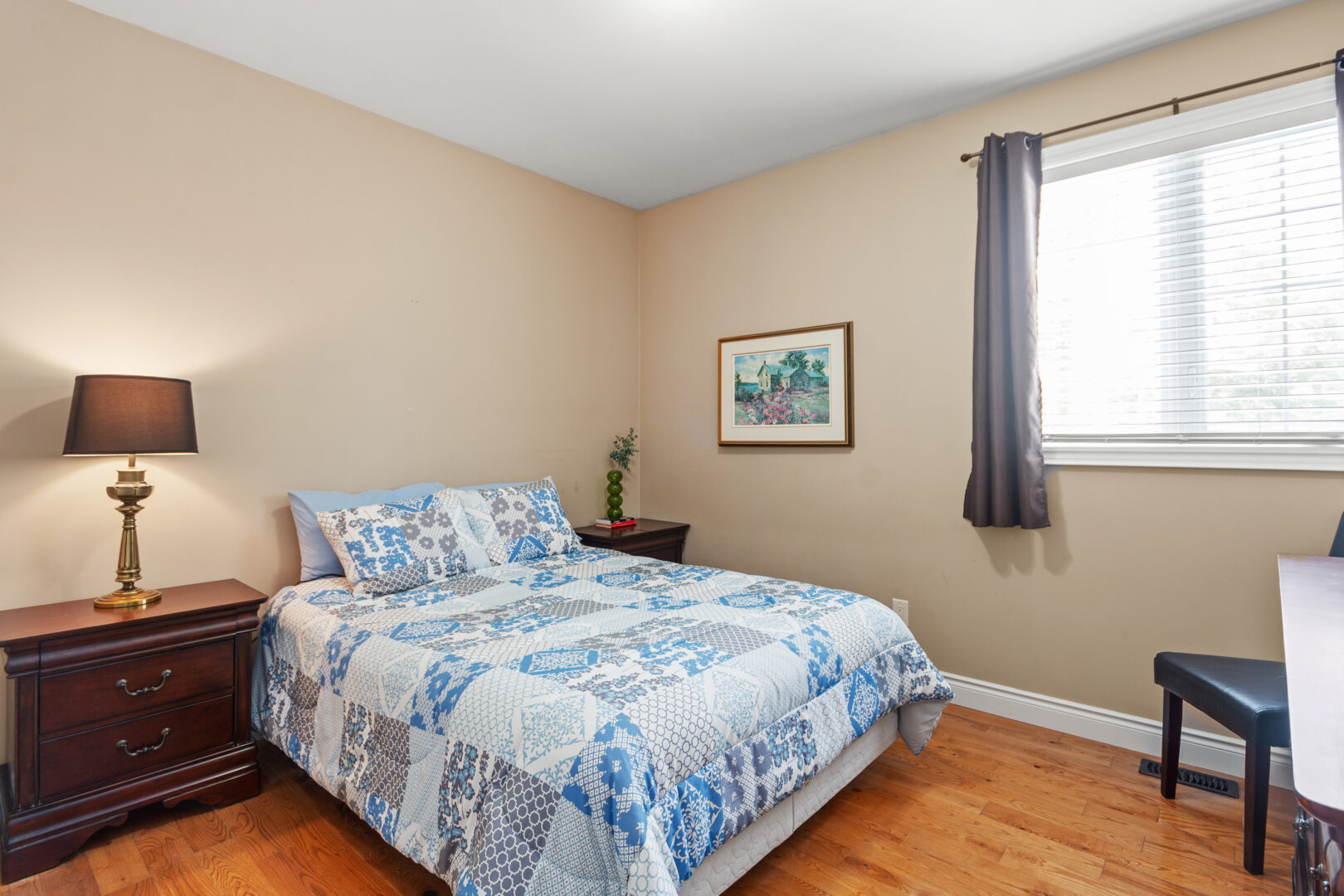 A blue and white in a beige room