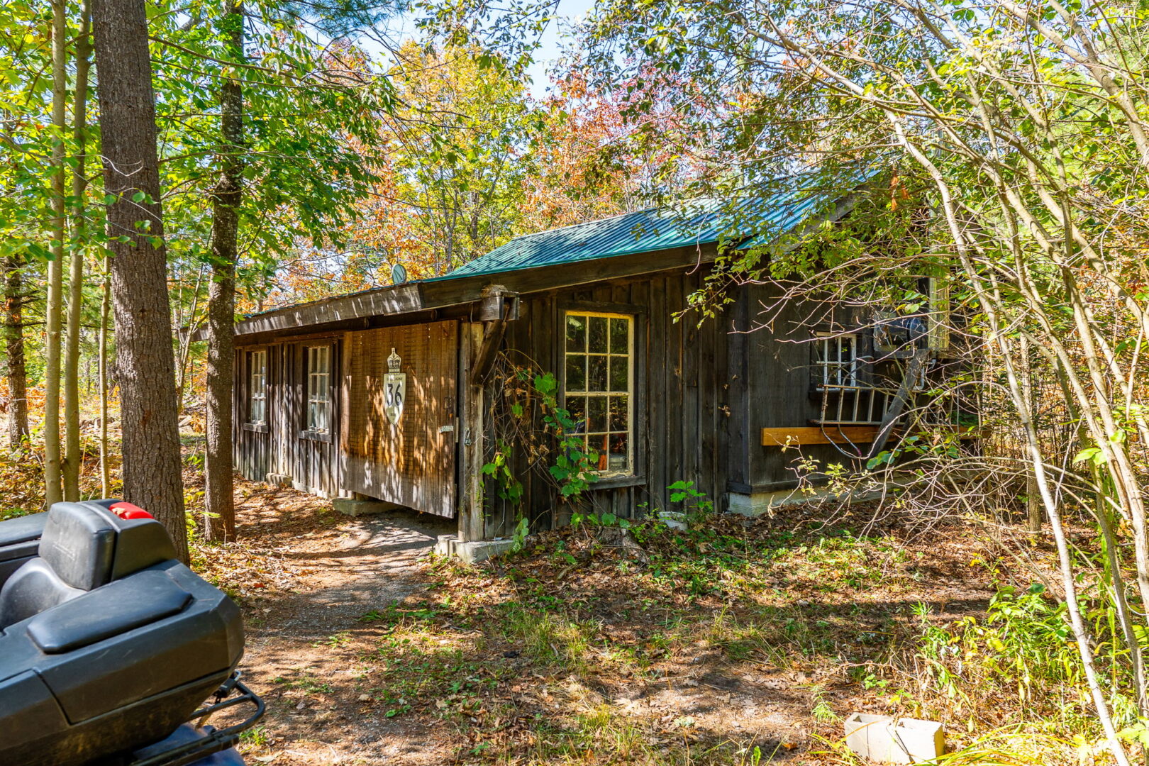 Rustic detached garage with green metal roof and weathered wood siding, nestled among mature trees on a forested lot