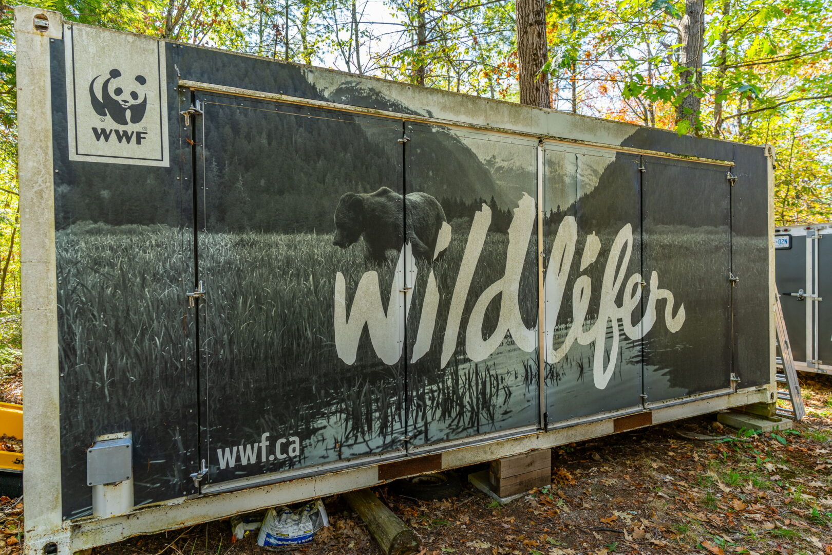 A large storage container featuring a black-and-white image of a bear in a wetland with "Wildlifer" and WWF branding, set in a forested area.