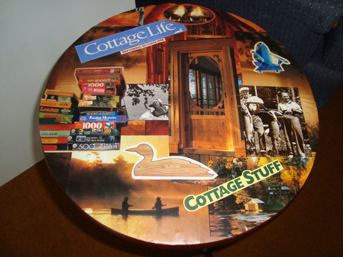 A tabletop covered in a collage of magazine clippings