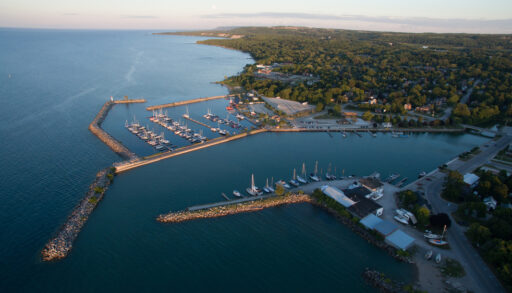 Aerial view of the waterfront in Meaford Ontario, Canada on Georgian Bay