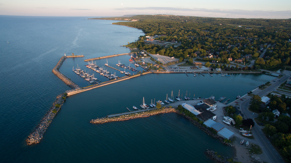 Aerial view of the waterfront in Meaford Ontario, Canada on Georgian Bay