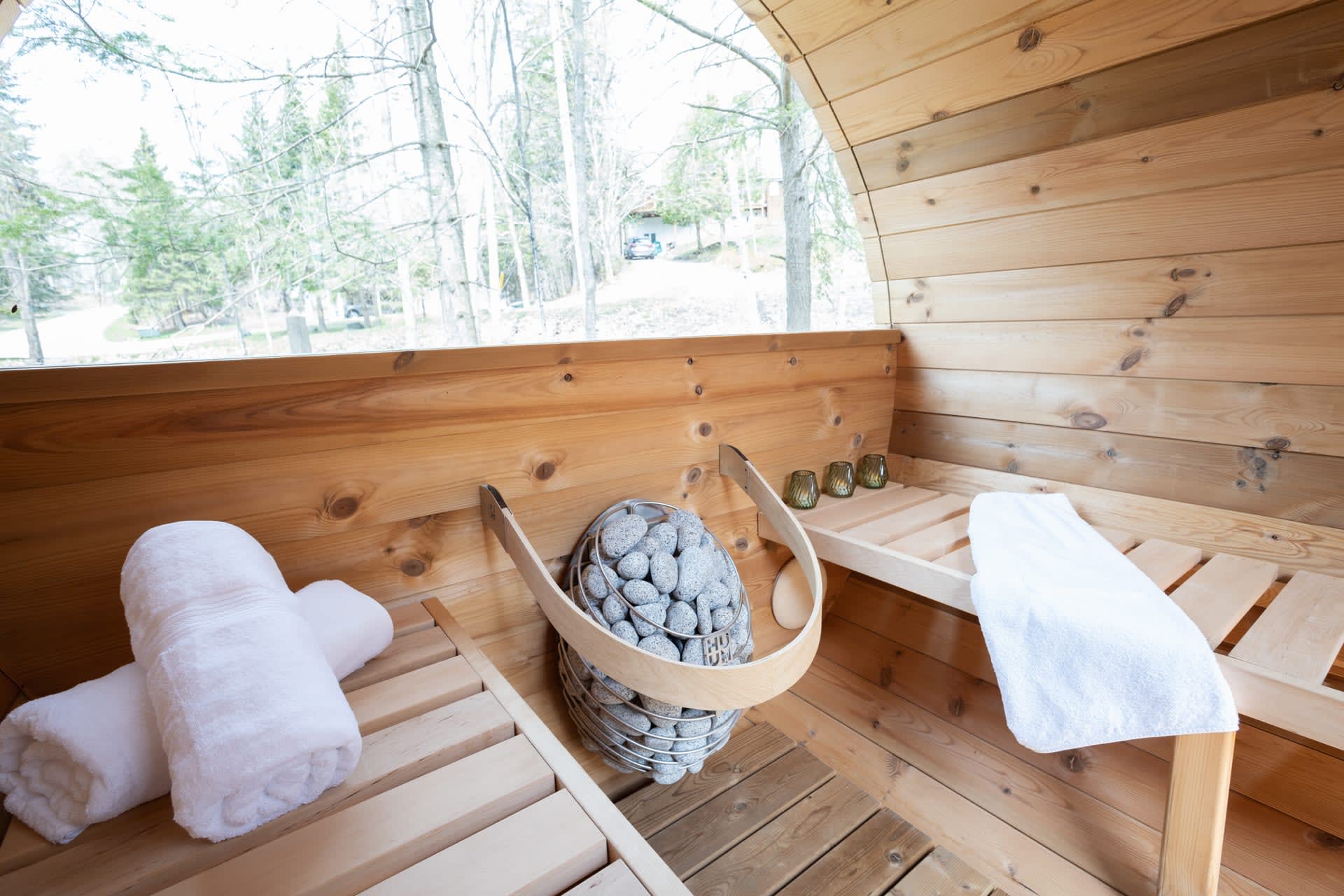 The inside of a barrel sauna