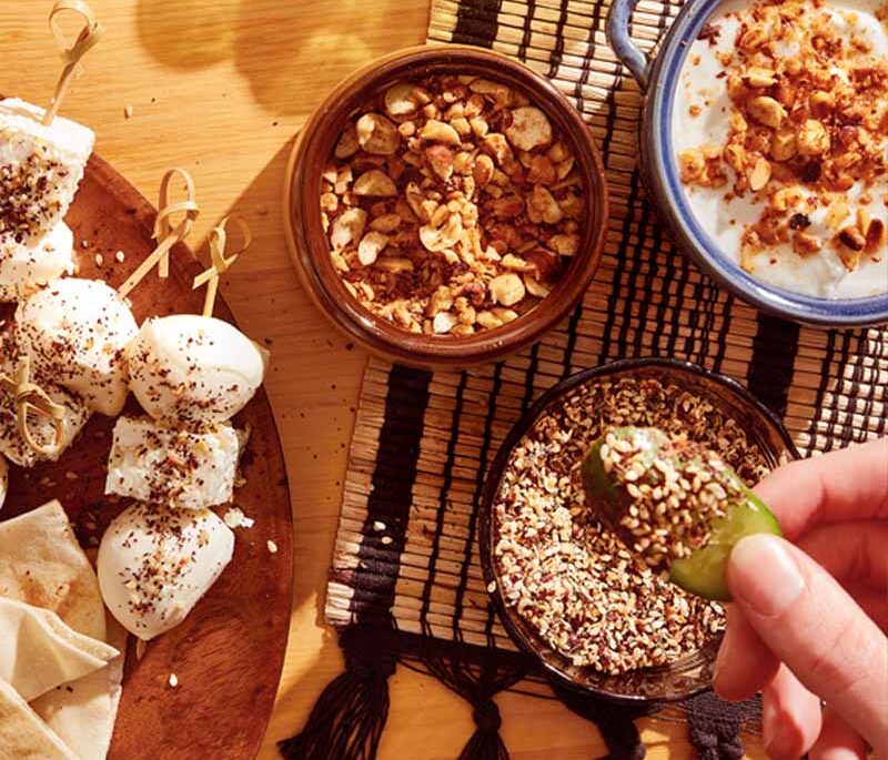 Dukkah and Za'atar mixes on an appetizer table