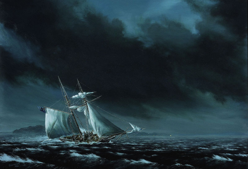 A painting showing the HMS Speedy battling bad weather in a storm