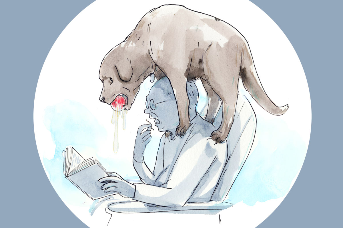 An illustration showing a dog with a slobbering ball over a reading man's shoulder