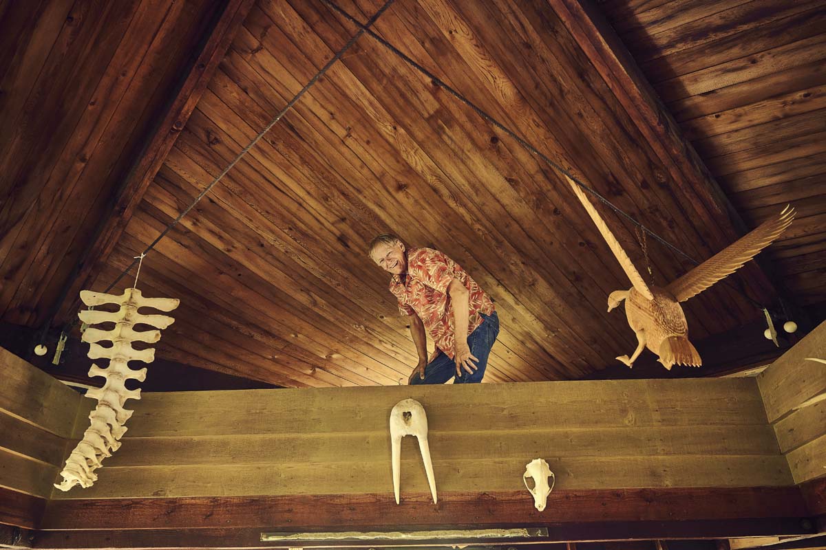 Bruce in the loft next to the narwhal spine