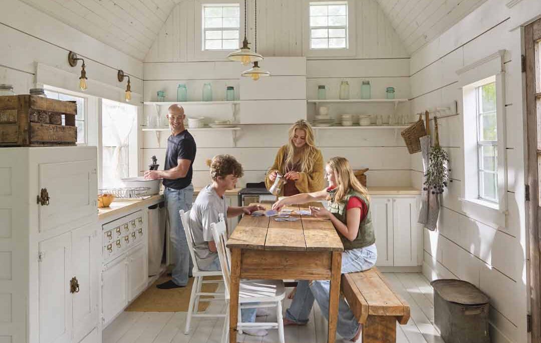 The McDonald family in their shed kitchen