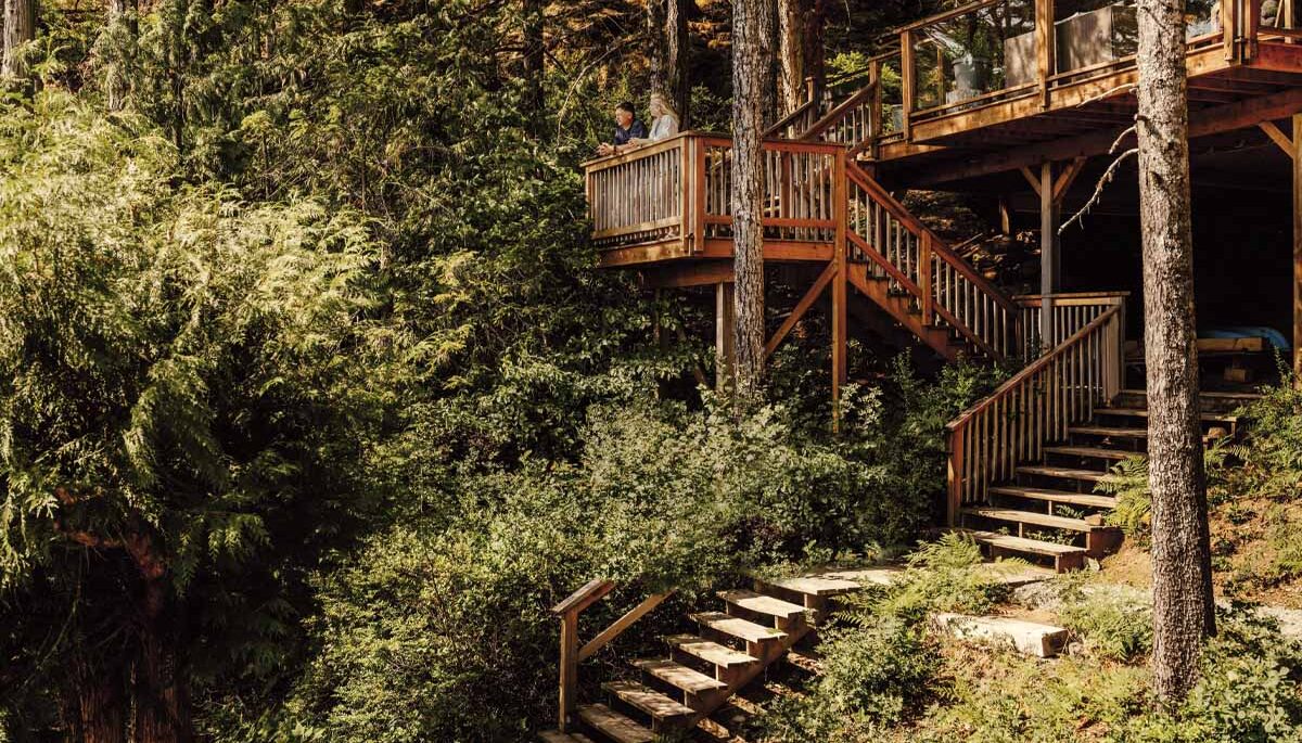 A long set of stairs going down to the lake