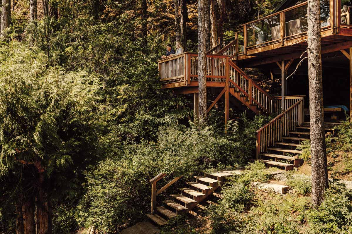 A long set of stairs going down to the lake