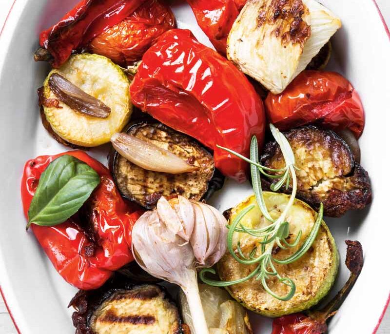 roasted vegetables in a baking dish