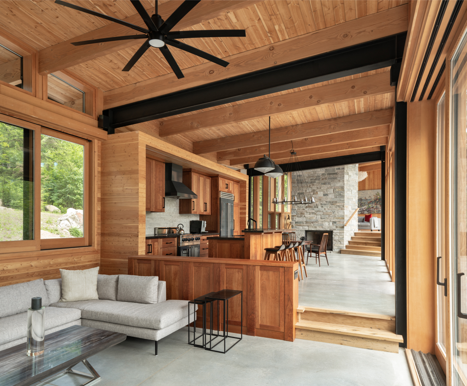 Living area of the Lake Muskoka cottage featured on Heated Rivalry