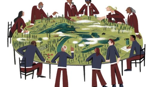 An illustration of a group of people gathering around a map of the Great Lakes. Water funding