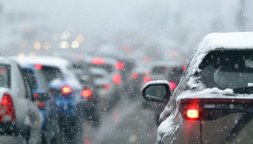 Rush hour traffic in snowy weather