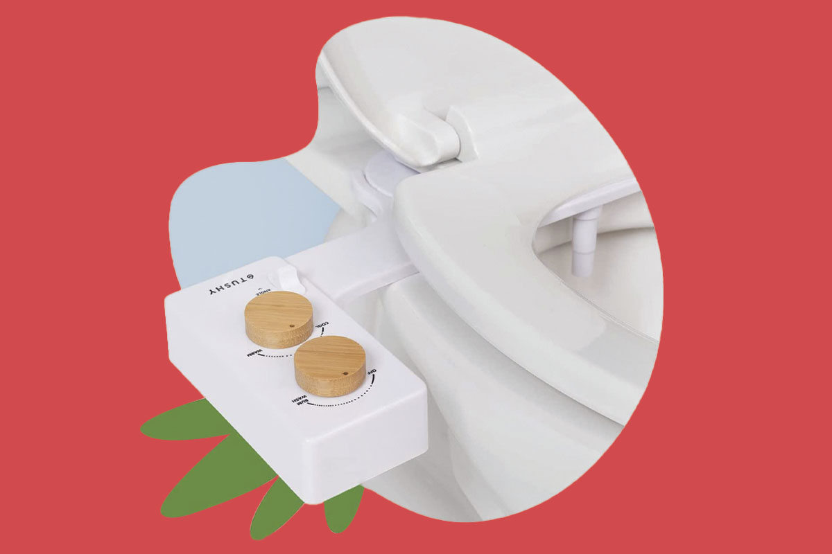 A Tushy bidet on a red background