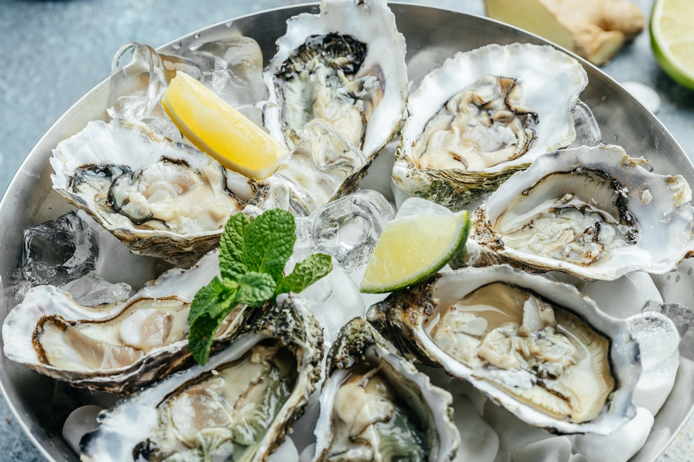 Fresh oysters in a platter, on ice, with lemon wedges