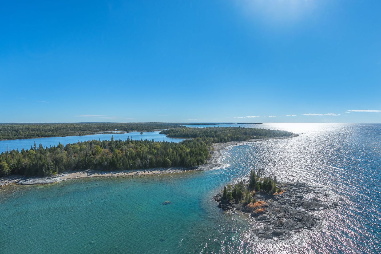 A closer look at the rocks, forests, and water on Fitzwilliam island
