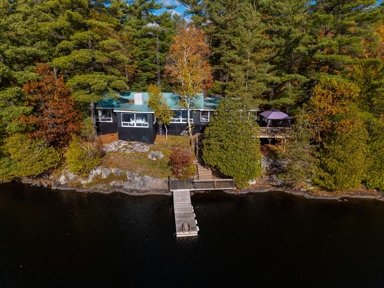 A dark blue cottage with a teal roof set back in the trees on a waterfront property