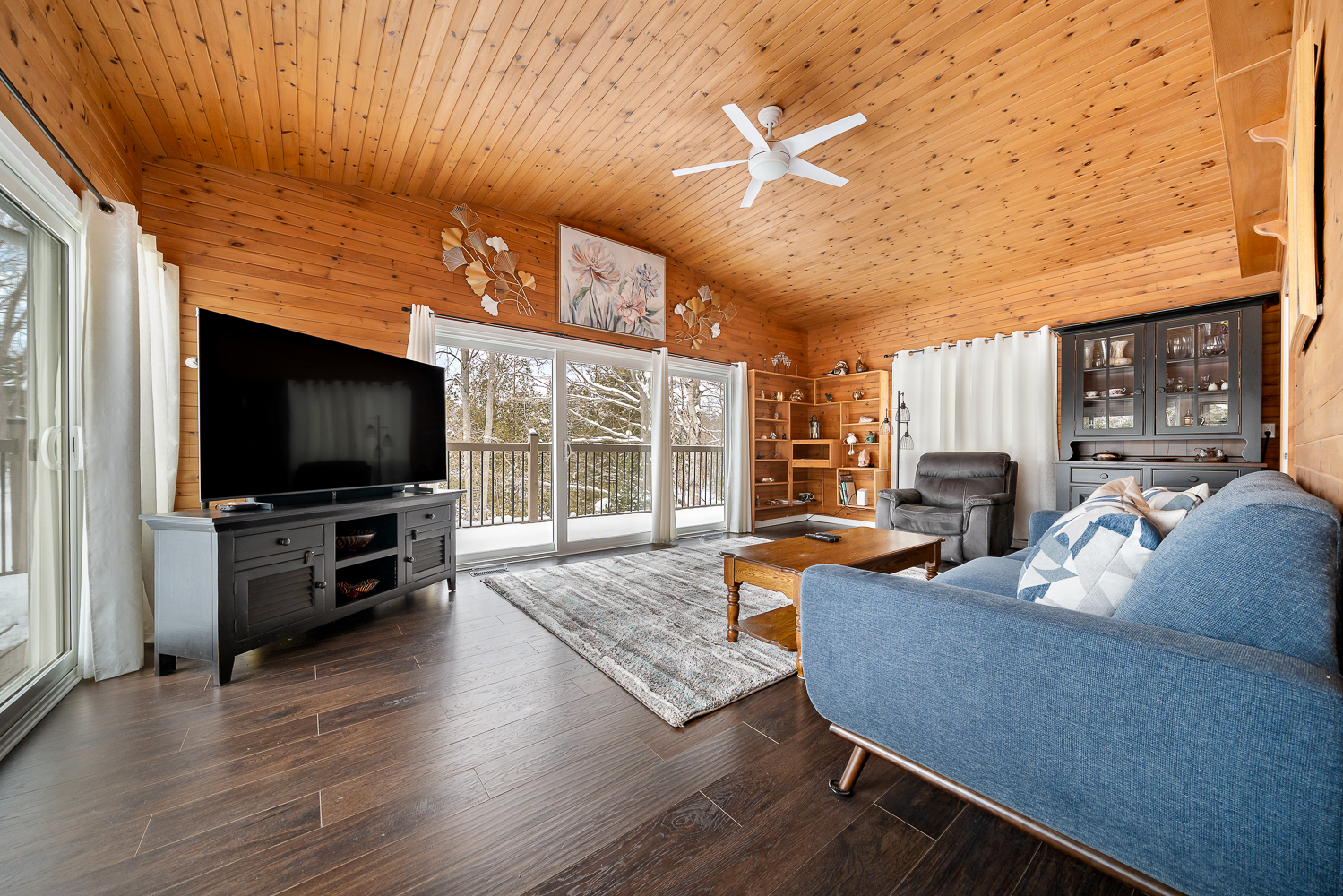 A blue couch faces a glass sliding door and TV