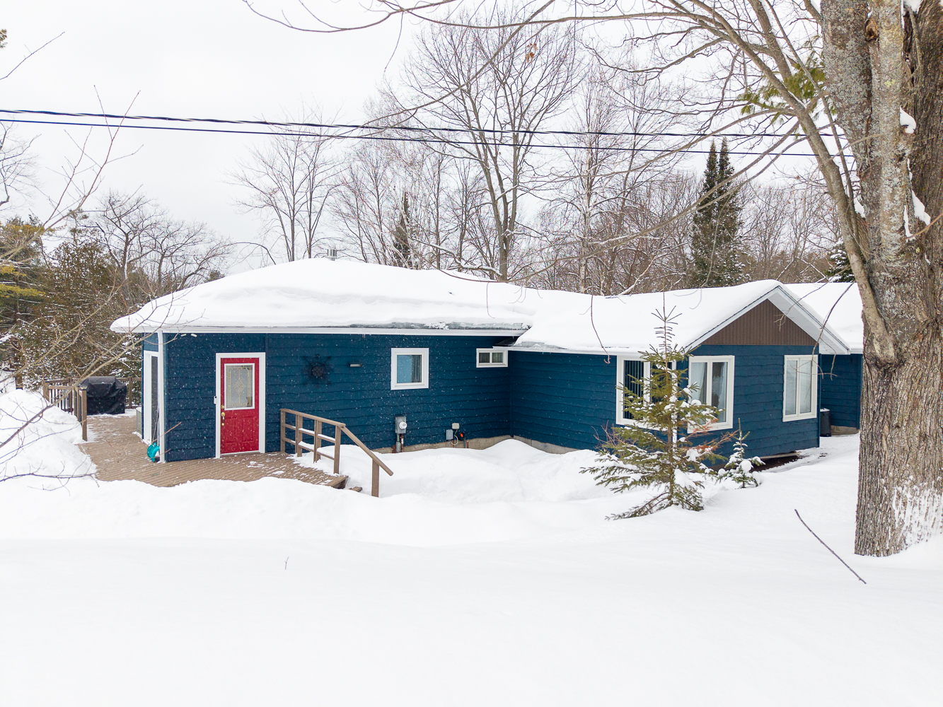 A blue bungalow with a red door on a snowy property