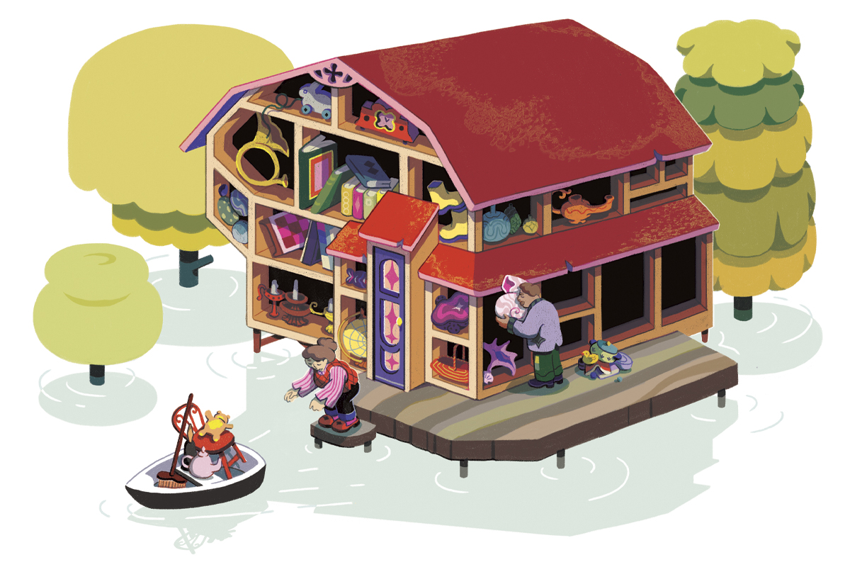 An illustration of a couple decluttering the cottage